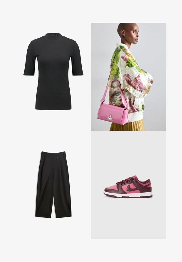 Schwarzes geripptes T-Shirt mit hohem Hals und kurzen Ärmeln. Glattes, figurbetontes Design ohne Muster oder sichtbare Hardware-Details.; Schwarze weite Hosen aus glattem Stoff. Mit einer vorderen Falte, Knopfverschluss und einem taillierten Bund für eine schlanke Passform.; Nike Dunk Low Sneakers sind aus einer Kombination von dunklem Pink und burgunderfarbenem Leder gefertigt. Das Design umfasst eine weiße Zwischensohle und eine perforierte Zehenbox für Atmungsaktivität.; Quilted Blumen-Bomberjacke in Grün, Pink und Beige; kombiniert mit einer glänzenden pinken Handtasche mit Kettenriemen und Logohardware.