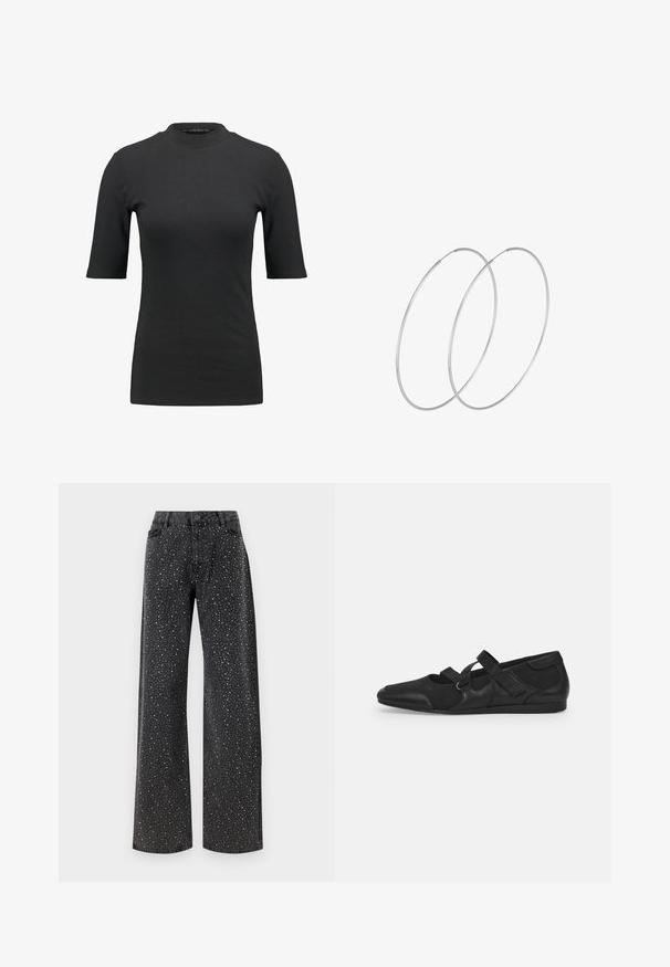 Čierne rebrované tričko s vysokým výstrihom a krátkymi rukávmi. Hladký, priliehavý strih bez akýchkoľvek vzorov alebo viditeľných kovových detailov.; Noisy May NMJANNEL LOOSE - Džínsy voľného strihu - black denim; Čierne ploché topánky s mäkkým, textúrovaným zvrškom, s dvoma nastaviteľnými popruhmi a zaobleným špičkou, umiestnené na ploché gumovej podrážke.; Strieborné kruhové náušnice s minimalistickým dizajnom. Cirkulárny tvar, hladký povrch a tenký profil. Ľahké s lesklým povrchom.