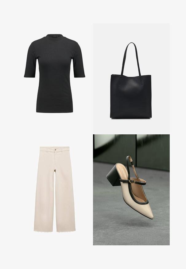 Crna rebrasta majica s visokim ovratnikom i kratkim rukavima. Glatki, uski dizajn bez uzoraka ili vidljivih metalnih detalja.; Bež traperice širokih nogavica s visokim strukom, s kopčanjem na gumb, prednjim džepovima i strganim rubovima. Izrađene od trapera.; Bež cipele s otvorenom petom i šiljastim vrhom, crnim obrubom, zlatnom kopčom i debelim blok-petom na sivom podu s tamnozelenom pozadinom.; Crna kožna torba za nošenje s glatkom teksturom, pravokutnim oblikom i dvije duge ručke. Nema vidljivih metalnih dijelova ili ukrasa.