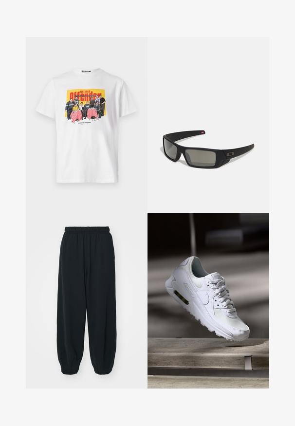 T-shirt de algodão branca com uma gráfica colorida de um grupo à mesa, com toalhas de mesa quadriculadas em vermelho e o texto "WEEKEND OFFENDER."; Calças de fato de treino pretas, com cintura elástica e um corte solto, com punhos nas pernas, textura suave e sem padrões visíveis ou detalhes de metal.; Sapatilha Nike Air Max 90 branca com parte superior em malha e couro, caixa de dedos perfurada e uma unidade de ar visível no calcanhar.; Óculos de sol pretos com acabamento mate, lentes retangulares, leve curvatura nas hastes, detalhe sutil do logo e lentes de cor fumada.