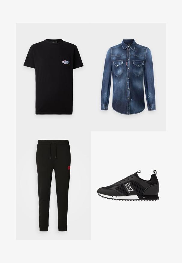 Musta puuvillapaita, jossa on lyhyet hihat ja pyöreä kaula-aukko. Paidassa on vasemmalla rinnalla tasku, jossa on monivärinen brodeerattu logo.; Tummansinsinen farkkupaita, jossa on pitkät hihat, terävä kaulus, kaksi rintataskua ja nappisuljenta. Hajoamistiedot ja haalistunut rakenne.; Mustat collegehousut, jotka on valmistettu pehmeästä kankaasta, jossa on nyörikiinnitys vyötäröllä, slim fit -malli ja punainen logopatchi vasemmassa reidessä.; EA7 Emporio Armani Matalavartiset tennarit - black/white