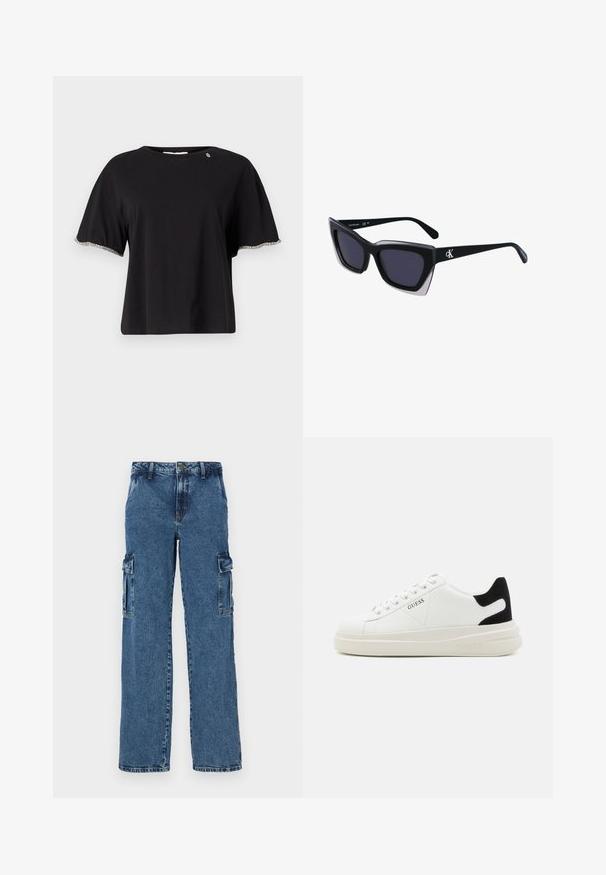 Crna majica s kratkim rukavima i opuštenim krojem, s dekorativnom srebrnom obrubom duž rukava i okruglim izrezom. Mekani pamuk.; Plave traperice cargo s opuštenim krojem, koje imaju dva bočna džepa, ojačane šavove i ravni kroj nogavica.; Bijele kožne tenisice s debelim bijelim potplatom, crnim zamšastim akcentom na peti i ugraviranim logom sa strane. Dizajn s vezicama i šest rupa za vezivanje.; Crne oversize sunčane naočale geometrijskog oblika, s tamnim staklima i kontrastnom sivom dekoracijom na okviru. Logo na dršci.