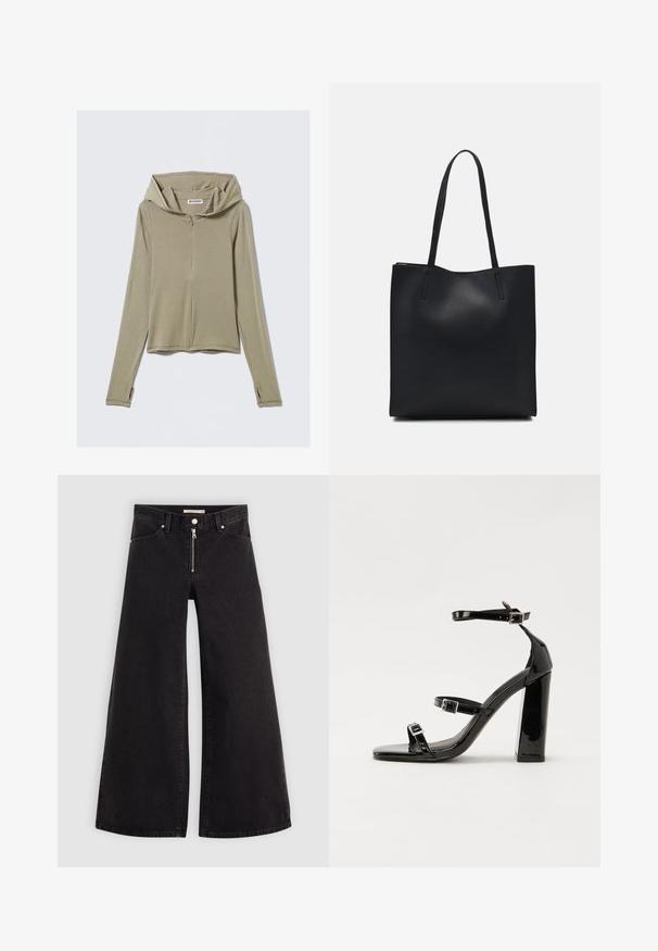 Langärmliger, olivgrüner Kapuzenpullover mit Reißverschluss aus weichem Stoff. Verfügt über eine große Kapuze, minimale Nähte und Daumenlöcher an den Ärmeln.; Schwarze Denim-Jeans mit weitem Bein, Reißverschluss vorne, Fünf-Taschen-Design und dezenten Stickdetails. Glatte Textur und lässiger Stil.; Schwarze patentierte Sandalen mit Absatz, quadratischer Spitze, Knöchelriemen und silbernen Schnallen. Mit einem stabilen Blockabsatz für mehr Stabilität.; Schwarze Laptoptasche aus Leder mit glatter Textur, rechteckiger Form und zwei langen Griffen. Keine sichtbaren Beschläge oder Verzierungen.