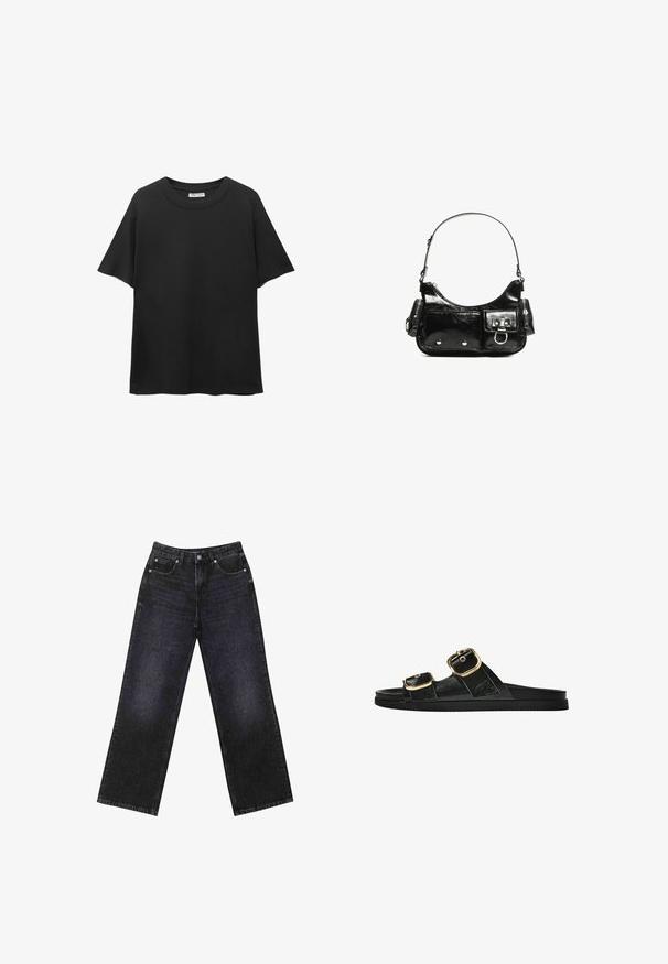 Čierne tričko vyrobené z bavlny, s okrúhlym výstrihom, krátkymi rukávmi a voľným strihom s hladkým povrchom.; Vysoké čierne denimmové džínsy so širokým strihom, dizajnom s piatimi vreckami a viditeľným šitím. Tkanina má hladký, mierne textúrovaný povrch.; Čierne šľapky s dvoma zlatými prackami, hladký textúrovaný materiál, plochá podrážka a minimalistický dizajn.; Čierna laková kožená kabelka s ohnutým tvarom, jedným ramenným popruhom, prednými vreckami a striebornými kovovými doplnkami.