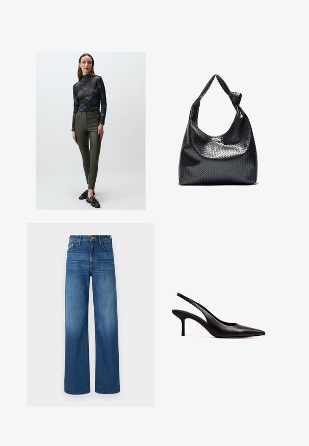 Gerippter schwarzer Rollkragenpullover mit floralem Muster; olivgrüne, hochgeschnittene Skinny-Hosen; schwarze Schuhe mit dekorativem Akzent.; Blau-weiß gestreifte Langarmhemd mit Knopfverschluss, weit geschnittener Kragen, taillierter Passform und abgerundetem Saum. Texturiertes Baumwollmaterial.; Mother THE LASSO SNEAK - Jeans Relaxed Fit - dark blue denim; NA-KD Pumps - black; Schwarze gewebte Lederhandtasche mit lässigem Design, ausgestattet mit einem geknoteten Trageriemen und einem kleinen dekorativen goldenen Nagel am oberen Rand.