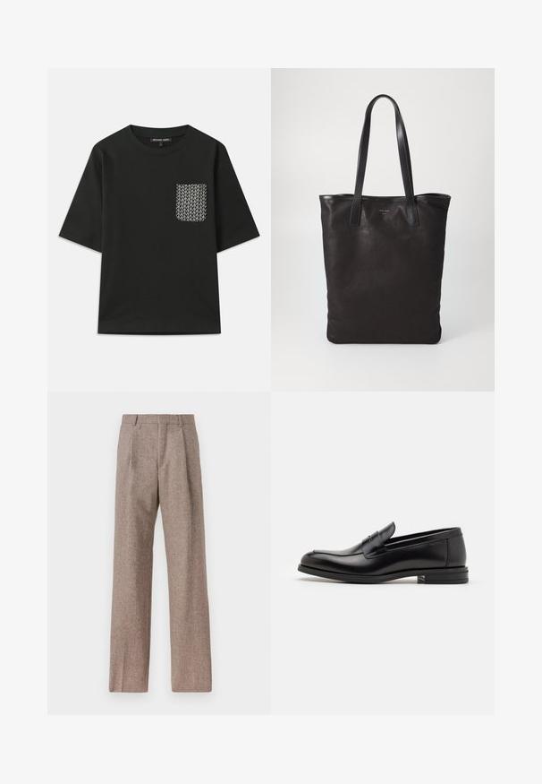 Must must särk musta värviga, ümarate kaelustega ja lühikeste varrukatega. Vasakul küljel on mustriline tasku, millel on valged geomeetrilised mustrid.; Heledsinine pikkade varrukatega särk, millel on terav krae, mustad nupud ja ainulaadne lõige ees eristuva disaini jaoks.; Prunnid, kõrge vöökohaga püksid, mis on valmistatud tekstureeritud kangast. Omavad laiu jalgu ja kahte eesmist voldikut struktuuri jaoks. Korralik viimistlus, ilma nähtava riistvarata.; Mustad mustad nahast loafers sileda tekstuuriga, ümarat ninaosa ja dekoratiivne riba vampi üle. Madal kihiline konts, minimalistlik disain.; Mustmust kott mustade nahkade käepidemetega. Lihtne disain, avar keha ja sile tekstuur. Pole nähtavaid logosid ega mustreid.