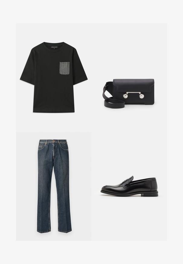 Zwarte katoenen t-shirt met een ronde halslijn en korte mouwen. Kenmerkt een gestreepte zak aan de linkerkant met witte geometrische ontwerpen.; Donkerblauwe rechte spijkerbroek met een knoopsluiting aan de voorkant, rits, dubbele voorzakken en zichtbare verticale plooien langs de benen.; Zwarte leren instappers met een gladde textuur, ronde neus en een decoratieve band over de wreef. Lage, gestapelde hak en minimalistisch ontwerp.; Zwarte leren schoudertas met een klep, zilverkleurige hardware en twee ronde accenten. Voorzien van een afneembare schouderriem. Soepele textuur.