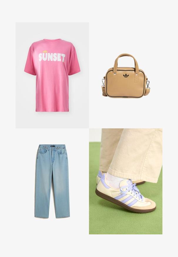 Kort rosa t-shirt lavet af bomuld, med fed hvid tekst "SUNSET" og en gul solgrafik. Rund hals og korte ærmer.; Vans CINCHED CHECK 5 - Jeans Straight Leg - light stonewash; Creme og lavendel sneakers med tre striber og en tekstureret brun sål, der har snørebånd og en polstret hæl. Blødt stof øvre.; Brun vegansk læder taske med to håndtag, aftagelig skulderrem, sort kontrastsyning og et lille sort logo på forsiden.