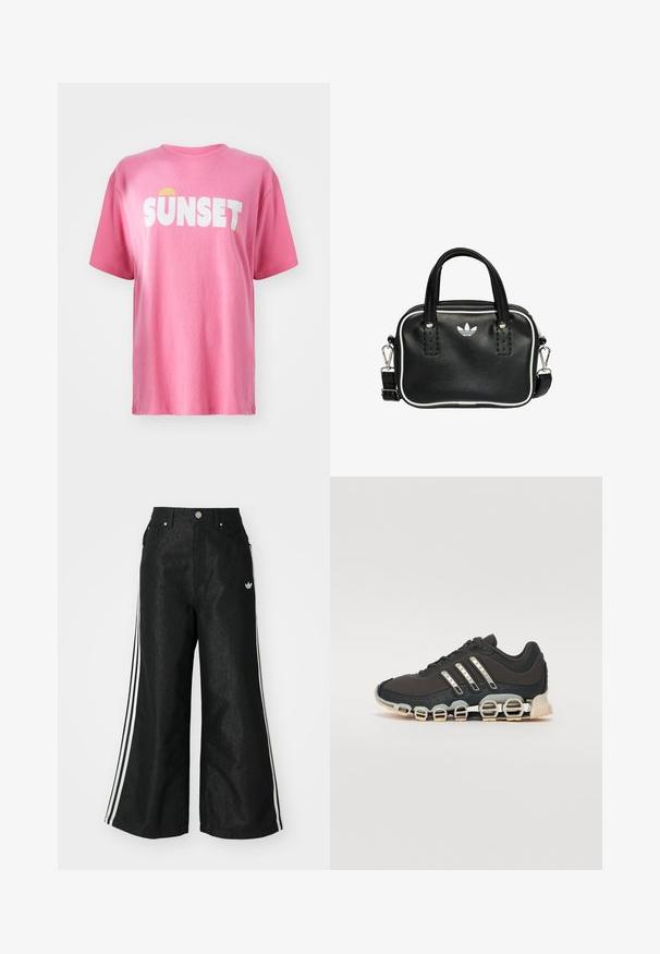 Camiseta corta rosa hecha de algodón, con el texto blanco en negrita "SUNSET" y un gráfico de un sol amarillo. Cuello redondo y mangas cortas.; Pantalones de denim anchos y negros con tres franjas blancas en cada lado y un pequeño logo blanco. Cuenta con bolsillos frontales y un cierre de botón.; Zapatilla deportiva negra con parte superior texturizada, tres rayas plateadas y una suela de amortiguación distintiva que presenta múltiples secciones integradas.; Bolso de mano de cuero negro con dos asas cortas, herrajes plateados, detalles en blanco y un logotipo blanco. Presenta una superficie texturada y un diseño compacto.