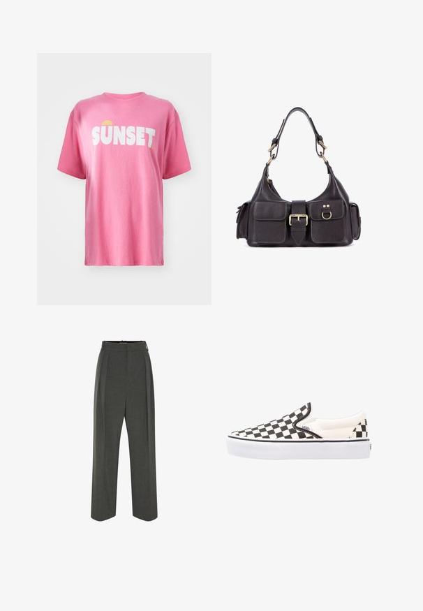 Camiseta corta rosa hecha de algodón, con el texto blanco en negrita "SUNSET" y un gráfico de un sol amarillo. Cuello redondo y mangas cortas.; Pantalones grises ajustados con cintura alta, con pliegues, un diseño de pierna ancha y una textura suave. Cerrados con una cremallera discreta.; Zapatillas slip-on Vans de cuadros en blanco y negro con parte superior de lona, suela de goma y collar acolchado. Punta redonda y plana con acentos de suela blanca.; Bolso de mano de cuero oscuro con dos bolsillos frontales, una hebilla central y herrajes en tono dorado. Textura suave con una silueta curva.