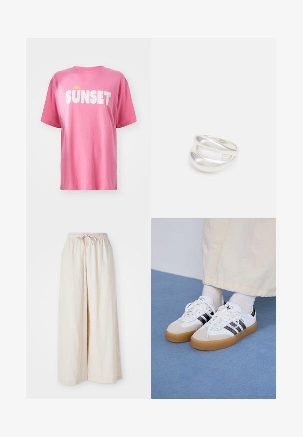 Short pink t-shirt made from cotton, featuring bold white text "SUNSET" and a yellow sun graphic. Crew neck and short sleeves.; Wide-leg, cream-colored trousers with an elastic waistband and drawstring. Smooth, lightweight linen fabric, no visible patterns or hardware.; White sneakers with black stripes and beige suede accents. Feature a textured gum sole and flat white laces, worn with light-colored socks.; Silver double-band ring with a smooth, polished surface. Features a fluid, curved design with overlapping sections for a modern look.