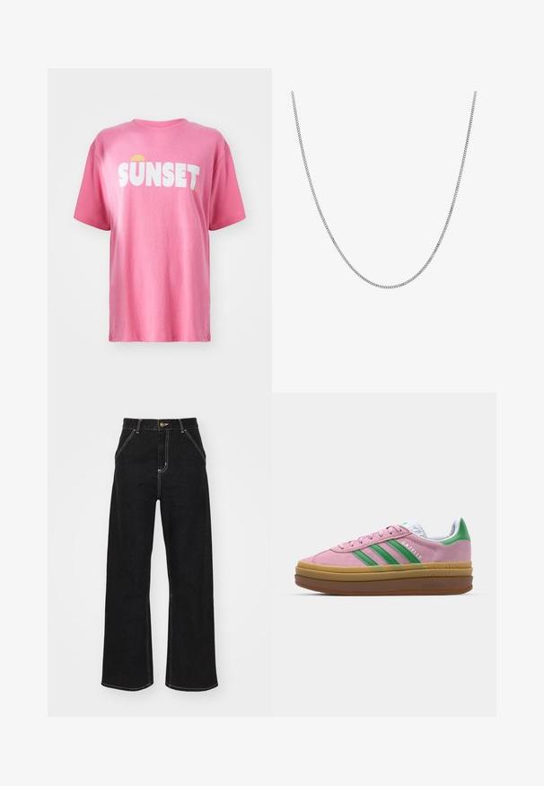 Kort rosa t-shirt lavet af bomuld, med fed hvid tekst "SUNSET" og en gul solgrafik. Rund hals og korte ærmer.; Sorte bukser med bred ben, lavet af denim og prydet med kontrastfarvet hvid syning samt en frontlukning med knap, og to skrå forlommer.; Lyserøde ruskindsneakers med grønne striber, hvide accenter og en brun gummisål. Har tekstureret stof og logodetaljer på siden.; Sølv kædedesign med glatte, runde flade led. Funktioner en blank finish og måler cirka 50 cm i længden.