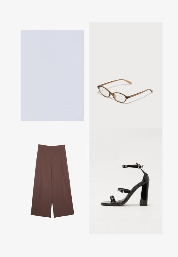 OXXO STRETCH SQUARE NECK SINGLET - Top - white; Pantaloni ampi marroni con una texture liscia, caratterizzati da una vita alta e pieghe frontali. Il tessuto è leggero e scorre liberamente.; Sandali con tacco in vernice nera, con punta squadrata, cinturini alla caviglia e fibbie in argento. Presentano un tacco a blocco spesso per maggiore stabilità.; Occhiali tortoiseshell marroni con lenti ovali, aste sottili e dettagli trasparenti. Presentano un logo sottile sulla tempia. Design elegante e leggero.