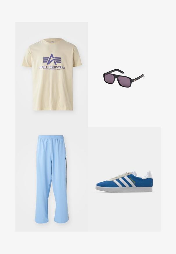 Tricou din bumbac bej cu guler rotund, cu un logo grafic purpuriu și text care spune "ALPHA INDUSTRIES, KNOXVILLE, TENNESSEE, U.S.A."; Pantaloni sportivi bleu deschis, confecționați dintr-un material neted, cu un brâu elastic și dungi laterale negre contrastante.; adidas Originals ADIDAS GAZELLE SHOES - Ghete de fotbal de sală - real madrid/bluebird/footwear white/crew yellow; Ochelari de soare negri cu ramă pătrată, lentile întunecate și un accent cu logo auriu pe braț. Material plastic neted cu finisaj mat.