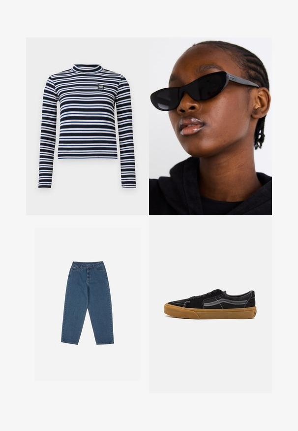 Svart- och vitrandig långärmad tröja med hög hals, ribbad textur, prydd med blå och beige accenter samt en liten logotyp på bröstet.; Blå denimjeans med avslappnad passform, hög medium, femficksdesign och sömnadsdetaljer. Har knapp- och dragkedjestängning.; Svarta mockaskor med vit sömnad och signatursidremsa, med en tan gummisula och låg design. Snörda med svarta skosnören.; Svarta kattögon-solglasögon med matt yta, med en elegant design och lätt böjda kanter, placerade mot en modells mörka kläder.; Svart quiltad axelväska med en stor öppning, kurviga former på ytan och en etikett med gul och vit text på framsidan.; Silverfärgade örhängen set: två ovala stift och två halvmåneformade hoops, med en glänsande, slät finish och en rundad design.