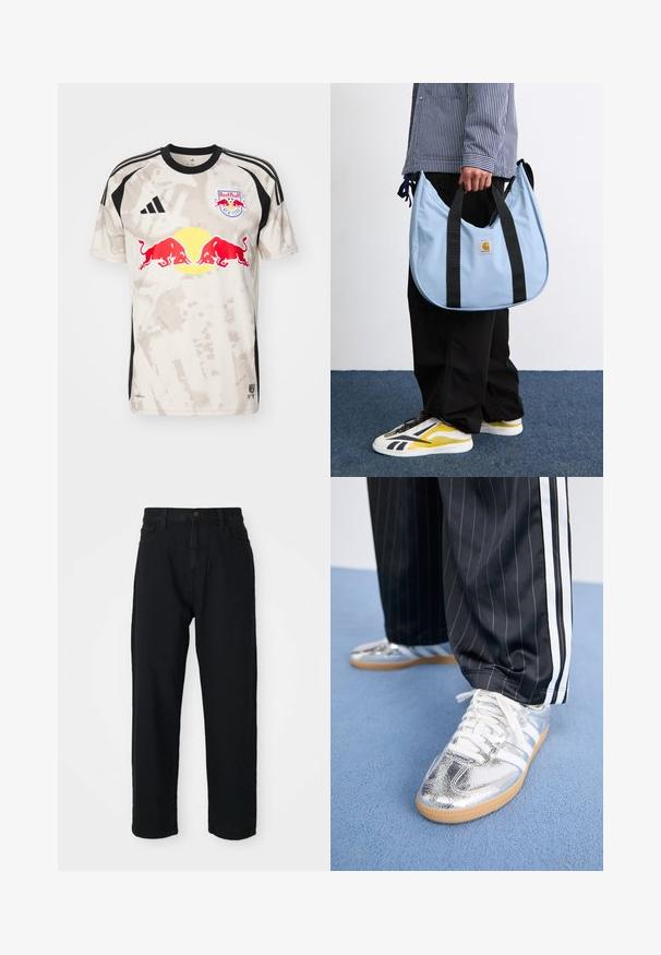 Camiseta de fútbol de manga corta, color beige con acentos en negro, patrón de camuflaje digital y logo de Red Bull centrado en la parte frontal.; Pantalones de mezclilla negros con un corte recto. Presenta un diseño clásico de cinco bolsillos, cierre de botones y una sutil textura en la tela.; Zapatillas metálicas plateadas con cordones blancos y tres rayas blancas, combinadas con pantalones negros a rayas. Suela de chicle en la parte inferior.; Bolso hobo de color azul claro con asas negras, que presenta un pequeño parche de logo amarillo y blanco. Textura suave, forma redondeada y diseño espacioso.