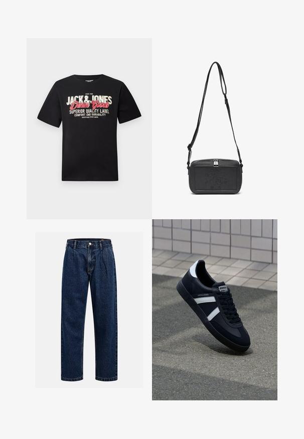 Sort t-shirt med "JACK & JONES Denim Goods" tekst i hvid og rød, der fremhæver komfort og holdbarhed. Korte ærmer, klassisk pasform.; Mørkeblå denimjeans med lige ben-design. Har synlige syninger, en knaplukning og frontfoldninger for ekstra detalje.; Sort lædersneaker med hvide striber, tekstureret gummisål og snørrebånd foran. Har et brandet mærke på tungen.; Sort læder crossover taske med lynlåslukning, præget logo på fronten og justerbar rem. Glat tekstur med rektangulær form.