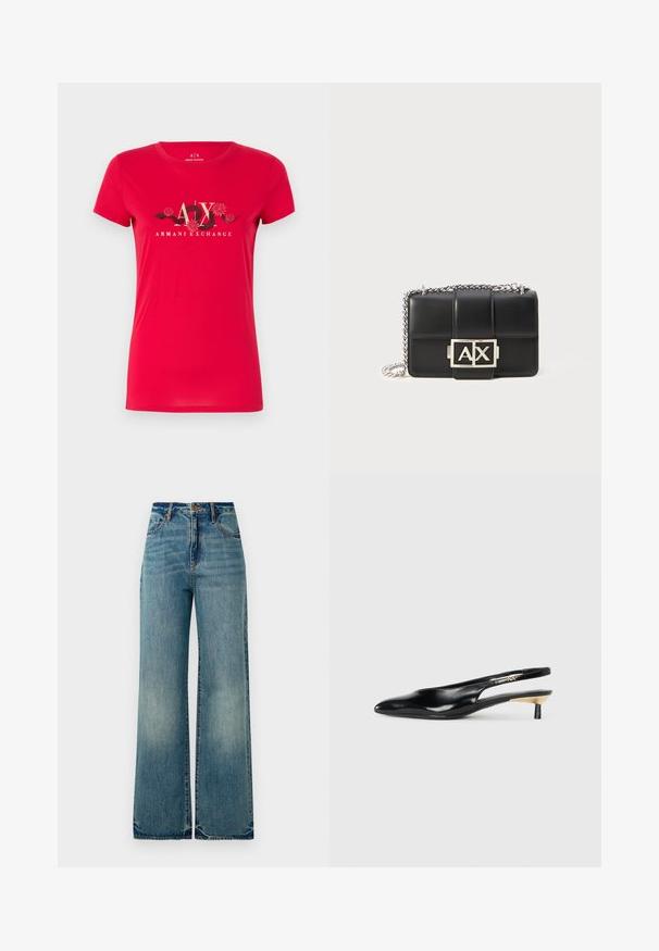 Sarkana kokvilnas T-kreklā ar īsām piedurknēm. Satur grafisku dizainu ar "A|X" un ziedu akcentiem, pievienojot tekstūru un kontrastu fona. ; Gaiši zili džinsi ar platu kāju dizainu, augsto jostasvietu, piecām kabatām un nedaudz saplēstiem apakšmalēm, demonstrējot teksturētu, izbalējušu apdari.; Melnas slingback pump kurpes ar smailu purngalu, spīdīgu ādas apdari un mazu papēdi ar zelta akcentu. Elegants dizains ar atvērtu aizmuguri.; Melnas ādas rokassomu ar quiltēta dizaina, sudraba ķēdes siksnu un izteiksmīgu sudraba "AX" logotipu priekšpusē. Kompaktā taisnstūra forma.