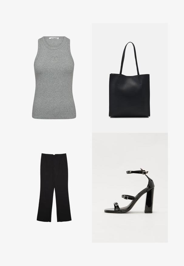 Šedý žebrovaný tílko s kulatým výstřihem a bezramenným designem. Vybaveno jemným logem uprostřed přední části. Měkká textilie.; Černé kalhoty s rovným střihem, s předními kapsami a bočními rozparky na lemu. Vyrobené z jemné, hladké tkaniny. Vhodné na různé příležitosti.; Černé lakované sandály na podpatku se čtveratou špičkou, lýtkovými pásky a stříbrnými přezkami. Disponují masivním blokovým podpatkem pro stabilitu.; Černá kožená taška přes rameno s hladkým povrchem, obdélníkovým tvarem a dvěma dlouhými uchy. Žádné viditelné kování ani ozdoby.
