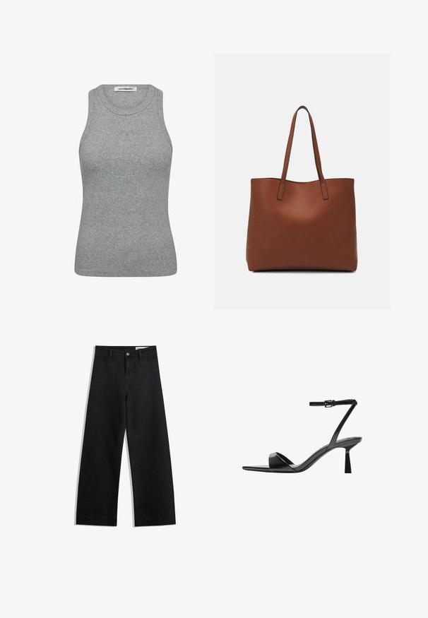 Szary prążkowany top na ramiączkach z okrągłym dekoltem i bezrękawowym fasonem. Posiada subtelne logo na środku przodu. Miękka tekstura.; Czarne dżinsowe spodnie o szerokich nogawkach i wysokim stanie, z przednimi i tylnymi kieszeniami, przeszyciami oraz zapięciem na guziki. Gładka struktura.; Bershka - Sandały na obcasie; Brązowa skórzana torba tote o gładkiej fakturze, z otwartym wierzchem i dwoma ramiączkami. Charakteryzuje się minimalnym przeszyciem i brakiem widocznych elementów metalowych.