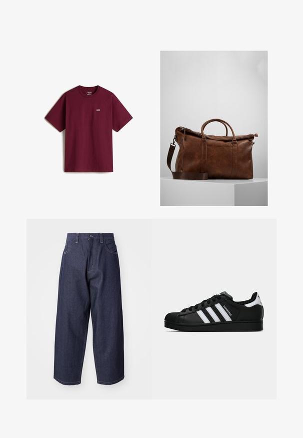 Bordowa bawełniana koszulka z krótkimi rękawami, okrągłym dekoltem i małym białym logo Vans na lewej piersi. Gładka tekstura, luźny krój.; Granatowe dżinsy o luźnym, szerokim kroju. Wyróżniają się zapięciem na guziki, przednimi kieszeniami i widocznymi detalami ściegów.; Czarne sneakersy Adidas Superstar z białymi paskami, noskiem w kształcie muszli i napisem "Superstar" na boku, zaprezentowane w profilu bocznym na białym tle.; Brązowa skórzana torba sportowa z zamknięciem na zamek, podwójnymi uchwytami, regulowanym paskiem na ramię oraz widocznymi wzorami tekstury na powierzchni.