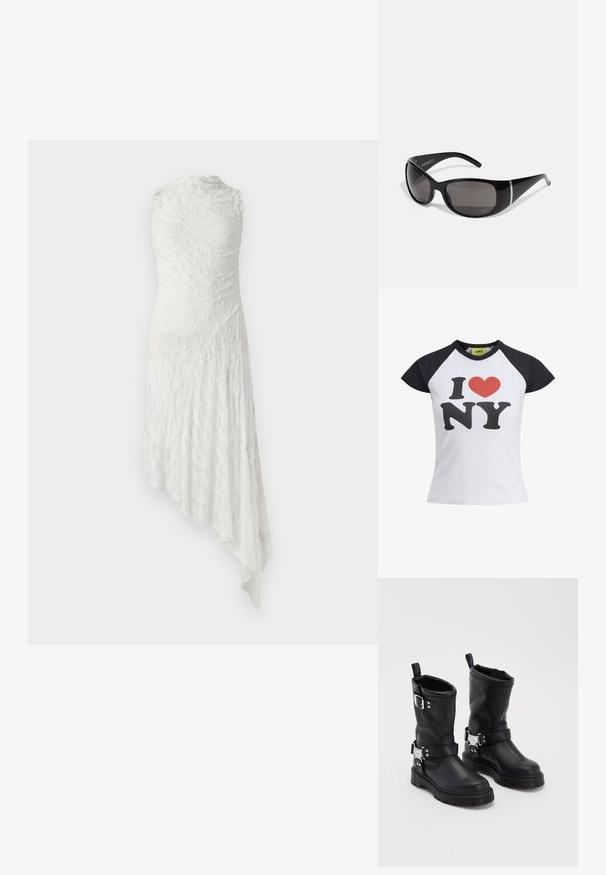 Balta marškinėliai su juodais raglan rankovėmis, ant kurių puikuojasi didelis „Aš ♥ Niujorką“ grafikas juoda ir raudona spalvomis. Lygus medvilnės audinys su apvalia iškirpte.; Balta nėriniuota suknelė su aukštu kaklu, be rankovių, asimetriškais apvadais ir tekstūruotu audiniu, puoštu gėlių raštu.; Juodos odinės aulinės botai su tvirtu padu, turintys šoninės sagties dirželį ir dekoratyvinius elementus. Lygus paviršius su patogiu užtrauktuku.; Juodi saulės akiniai su blizgiais plastikiniais rėmeliais, gradiento pilkais objektyvais ir sidabro spalvos akcentais šonuose. Sklandus, lenktas dizainas.