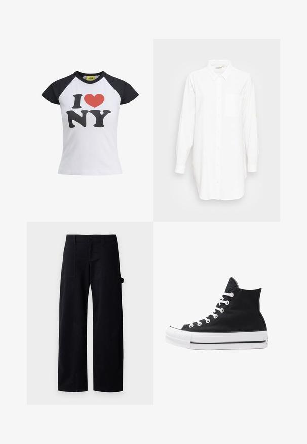 Valge t-särk mustade raglanvarrukaidega, millel on suur "I ♥ NY" graafika mustas ja punases. Silepuuvillane kangas ümarate kaelustega.; Pikad varrukad, valge nööpidega särk kraega ja rinna taskuga, esitatud tasasel helet GRAY taustal.; Mustad mustad püksid, mis on valmistatud puuvillast, nuppude sulgemisega, kahte esikäe taskut ja täiendava küljetasku, millel on silmusdetail.; Kõrge must kangast spordijalats valgete silmade, paelte ja kummitaldiga. Omab tekstuuriga varbakatet ja musta-valge triibuga aktsente.