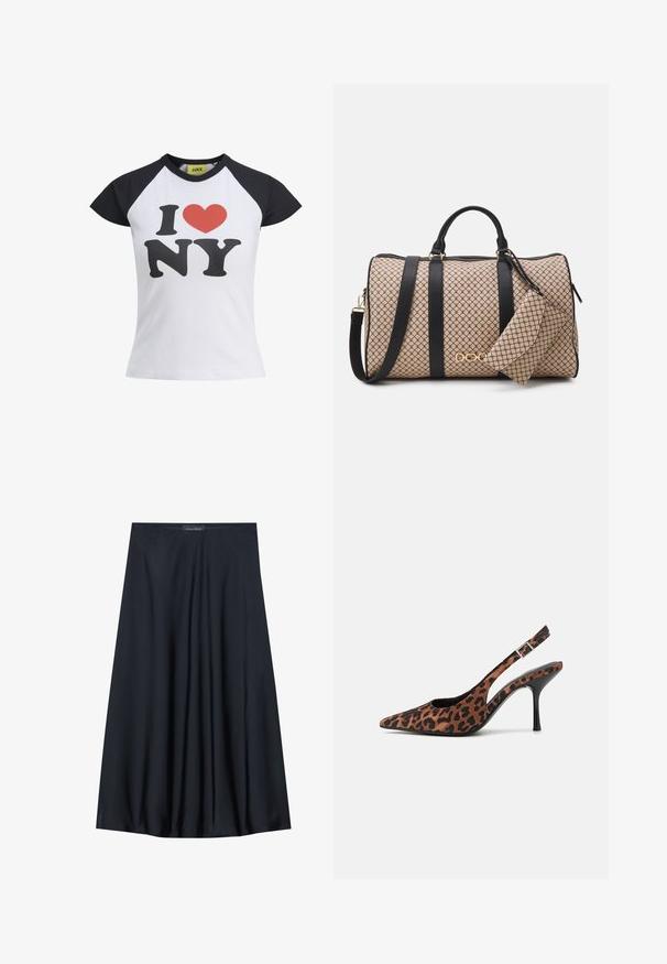 Valge t-särk mustade raglaanvarrukatega, millel on julge punane süda ja must "I NY" graafika. Valmistatud pehmest puuvillakangast.; Käteta kollane tops tekstureeritud viimistlusega ja kokkuvõtetud külgdetailiga. Pehme kangas ja mugav lõige, sirge hem.; Must have pikk, kerge materjaliga must seelik, millel on voogav disain. Omab siledat tekstuuri ja peeneid voldikesi lisadetailiks.; Leopardimustriga seljatoega kõrged kontsad terava ninaga, musta läikiva kontsaga ja reguleeritava pahkluu rihmaga. Pehme materjal tekstureeritud viimistlusega.; Kottis, millel on beež mustriga välimus, mustad nahkrihmad, kuldsed detailid ja väike sobiv kott küljes. Struktureeritud disain.; Kuldtooni ristkülikukujuline käekell valge puidust näidikuga, hõbedaste tundide markeritega ja vastupidava metallist link-ribaga. Veekindel omadus on kaasas.