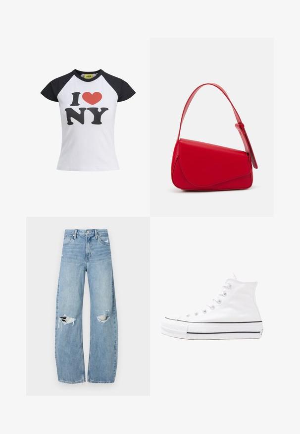 White t-shirt with black raglan sleeves, featuring a bold red heart and "I NY" graphic in black. Made of soft cotton fabric.; Light blue, high-waisted jeans made of denim. Feature wide legs, two torn knee areas, and classic five-pocket styling.; White high-top canvas sneaker with black rubber sole, front rubber toe cap, and six eyelets for laces, featuring a clean, minimalist design.; Red leather handbag with an angular, geometric design. Features a single adjustable strap and a flap closure with stitched detailing.
