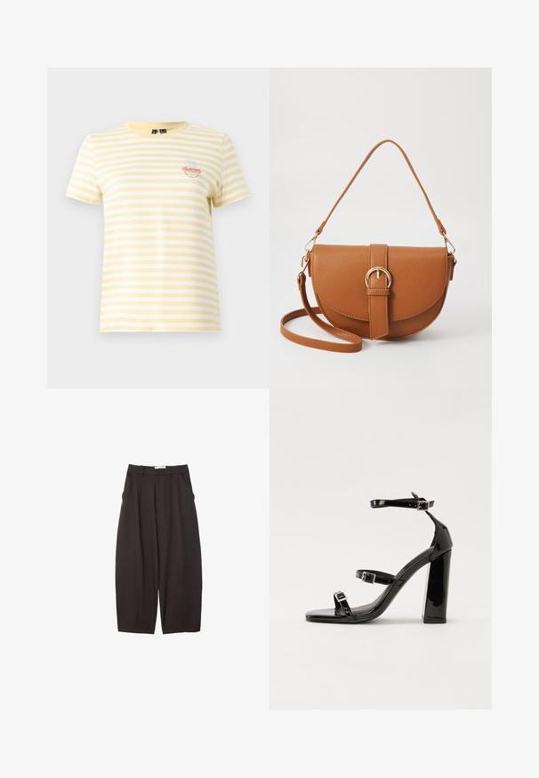 Randig t-shirt i gult och vitt med korta ärmar och rund halsringning. Har en broderad "Sommar"-grafik och palmträd-detalj.; Svarta vida byxor i ett mjukt tyg, med hög midja, framfickor och sidofickor. Enkel design utan utsmyckningar.; Svarta lackerade högklackade sandaler med två spännband, fyrkantig tå och en tjock klack, med en slät och glansig yta.; Brun läder crossbody-väska med en böjd form, gyllene detaljer och en spänneaccent. Har en avtagbar axelrem.