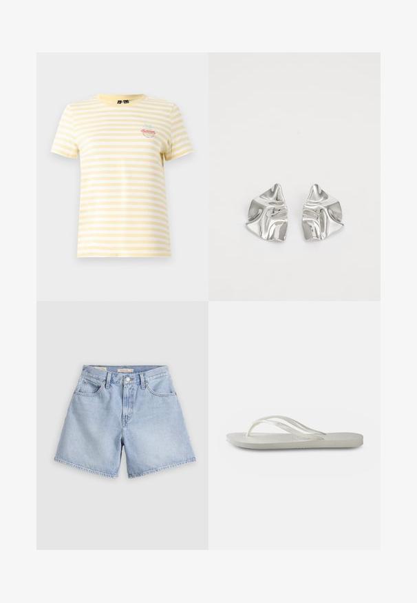 Yellow and white striped t-shirt with short sleeves and round neck. Features an embroidered "Summer" graphic and palm tree detail.; Denim shorts in light blue. High-waisted with four pockets, a front button closure, and raw hem edges. Fabric appears soft with a faded finish.; White flip-flop with a textured sole, featuring thin straps and a flat design. Made of rubber with a subtle logo on the footbed.; Silver metal earrings with a wavy, sculptural design featuring a polished finish and irregular shapes, highlighting a contemporary aesthetic.