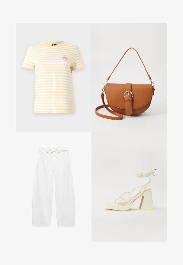 Yellow and white striped t-shirt with short sleeves and round neck. Features an embroidered "Summer" graphic and palm tree detail.; White wide-leg pants made of lightweight fabric, featuring a drawstring waist, two front pockets, and simple metal hardware accents.; White high-heeled sandal with a chunky heel, featuring a strappy design and ankle tie. Smooth texture with a platform front for added height.; Brown leather crossbody bag with a curved shape, gold hardware, and a buckle accent. Features a detachable shoulder strap.