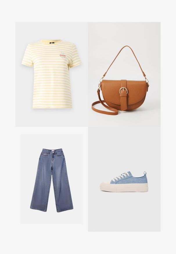 T-shirt às riscas amarelas e brancas com mangas curtas e gola redonda. Apresenta um gráfico bordado "Summer" e um detalhe de palmeira.; Calças de ganga de perna larga numa lavagem azul clara, com uma cintura alta, bolsos frontais e fecho de botão com passadores para cinto.; Ténis de lona azul claro com uma biqueira e sola de borracha creme, apresentando atacadores brancos e uma alça na parte de trás.; Bolsa transversal de couro castanho com um formato curvado, ferragens douradas e um detalhe de fivela. Inclui uma alça de ombro destacável.