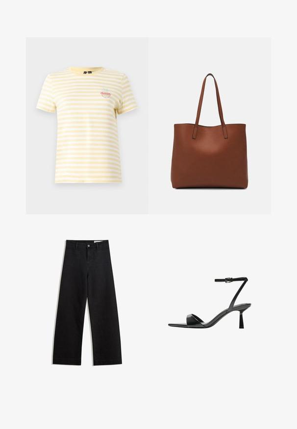 Yellow and white striped t-shirt with short sleeves and round neck. Features an embroidered "Summer" graphic and palm tree detail.; Black wide-leg denim pants with a high waist, featuring front and back pockets, stitched seams, and a button closure. Smooth texture.; Bershka High heeled sandals - black; Brown leather tote bag with a smooth texture, open top design, and two shoulder straps. Features minimal stitching and no visible hardware.