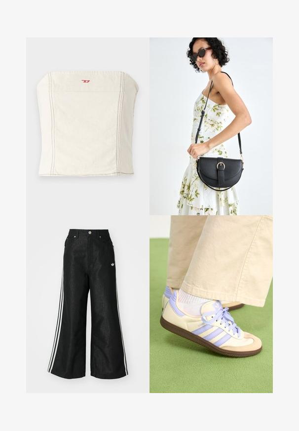 Svetlo béžový, priliehavý crop top vyrobený z bavlny, s rovnými ramenami, minimálnymi švovými detailmi a malým červeným logom na prednej strane.; Čierne džínsy s širokým strihom, s tromi bielymi pruhmi po stranách a malým bielym logom. Obsahujú predné vrecká a zapínanie na gombík.; Krémovo-fialové tenisky so tromi pruhmi a štruktúrovanou hnedou podrážkou, s šnúrkami a polstrovaným opätkom. Mäkký textilný zvršok.; Čierna kožená kabelka s zaobleným tvarom, odnímateľným popruhom a zlatými doplnkami. Kabelka má klopu s detailom s prackou.