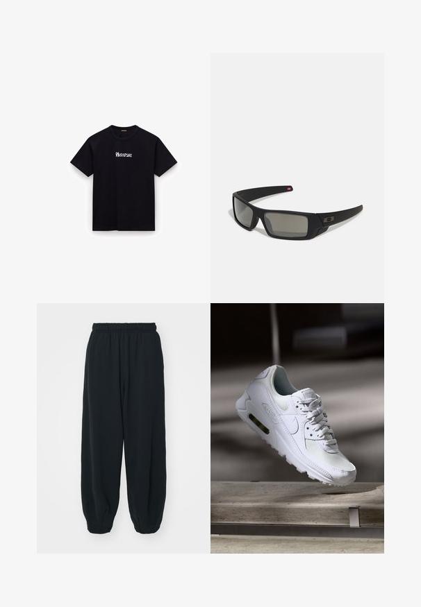 Černé bavlněné tričko s kulatým výstřihem, krátkými rukávy a bílým stylizovaným textovým logem na hrudi. Hladká textura, volný střih.; Černé teplákové kalhoty s elastickým pasem, volným střihem, manžetami na kotnících, hladkým povrchem a bez viditelných vzorů či kovových detailů.; Bílé tenisky Nike Air Max 90 s vrchním materiálem z textilu a kůže, perforovanou špičkou a viditelnou vzduchovou jednotkou v patě.; Černé sluneční brýle s matným povrchem, obdélníkové čočky, mírná křivka na spáncích, nenápadný detail loga a čočky s kouřovým zabarvením.