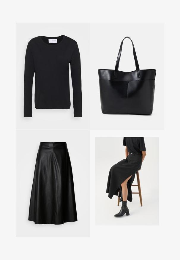 Zwarte langslavige t-shirt gemaakt van zachte katoen, met een ronde hals en een eenvoudig, naadloos ontwerp zonder patronen of accenten.; Zwarte leren rok met een uitlopende stijl, knielang, met een gladde textuur en een strakke, naadstructuur aan de achterkant voor een stijlvolle uitstraling.; Zwarte linnen maxi rok met een hoge split, gedragen met een zwart T-shirt en zwarte enkellaarsjes. Minimalistisch ontwerp met een relaxte pasvorm.; Zwarte leren tote bag met twee lange handvatten, een zachte textuur en een gestructureerde vorm. Voorzien van een voorvak voor extra opslagruimte.