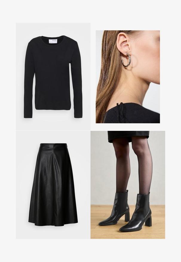 Juodas ilgomis rankovėmis marškinėliai, pagaminti iš minkštos medvilnės, su apvalia iškirpte ir paprastu, be siūlių dizainu, be jokių raštų ar akcentų.; Juoda odinė sijonas su platėjimo dizainu, kelių ilgio, su lygiu paviršiumi ir tvarkinga siūlių struktūra nugaroje, suteikianti išpuoselėtą išvaizdą.; Juodos odinės aulinės botai su smailiu priekiniu galiuku, masyviu kvadratiniu kulnu ir elegantišku dizainu. Yra elastingos šoninės detalės, kad būtų lengva užsidėti.; Sidabrinė lankinė auskarai su poliruotu paviršiumi, turintys mažus auksinius akcentus ir apvalią formą, dėvimi ant ausies kaušelio.