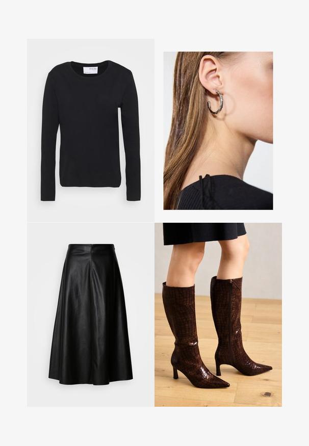 Must have pikkade varrukatega must t-särk, mis on valmistatud pehmest puuvillast, omades ümmargust kaelust ja lihtsat, õmblusteta disaini ilma mustrite ja aktsentideta.; Must mustrekk, millel on laienev disain, põlvini ulatuv, sujuva tekstuuriga ja puhta õmbluste struktuuriga selg, mis annab kohandatud ilme.; Pruunid, põlve pikkused saapad krokodillimustriga, terava varbaga ja madala kontsaga. Omavad külgset tõmblukk, et sulgeda, ning läikivat viimistlust.; Hõbedane rõngas kõrvarõngas poleeritud viimistlusega, millel on väikesed kuldsed aktsendid ja ümmargune kuju, kantud lobus.