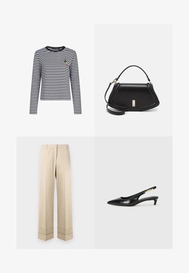 Svart-vit randig långärmad skjorta med rund halsringning och en liten broderad karaktär på bröstet. Mjuk bomull.; Beiga byxor med rak passform, med en dubbel manschett vid fållen och en slät framsida. Tillverkade av ett slätt, hållbart tyg.; Svart läder slingback-hälar med spetsig tå, med en smal klack och en guldtonad detalj på den justerbara remmen. Slät textur.; Svart läderhandväska med en strukturerad design, som har en avskuren form, ett handtag upptill och guldiga detaljer. Justerbar axelrem ingår.