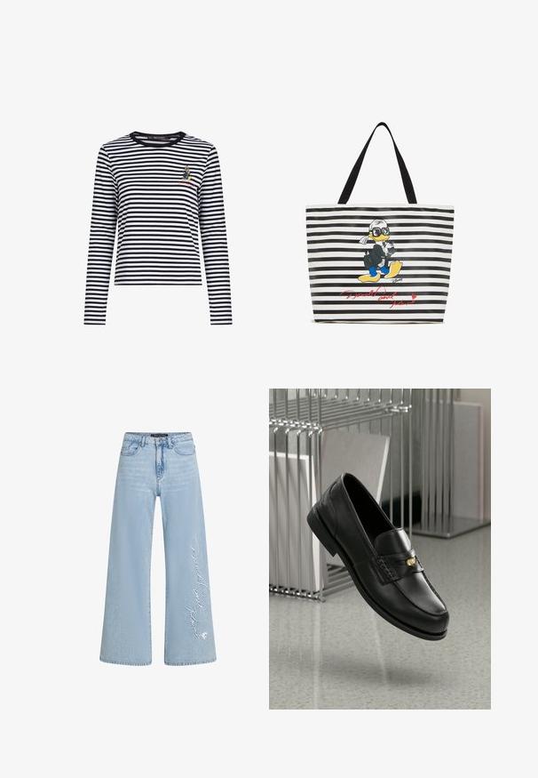 Mustäriba triibuline pikkade varrukatega särk, millel on ümmargune kaelus ja väike tikitud tegelaskuju rinnal. Pehme kangas.; Heledad sinine laia säärega teksapüksid, millel on vasakul jalal õmmeldud tekst "Donald ja Daisy". Omad klassikalise viie tasku disaini ja vöökohaga.; Mustast nahast loaferid sujuva viimistlusega, dekoratiivse riba ja väikese kuldse aktsendiga. Tald on lame ja varvas on ümar.; Kottkott koos mustade ja valgete triipudega, graafika mustas ülikonnas ja prillidega koomiksikajakast, punase teksti allkirjaga.