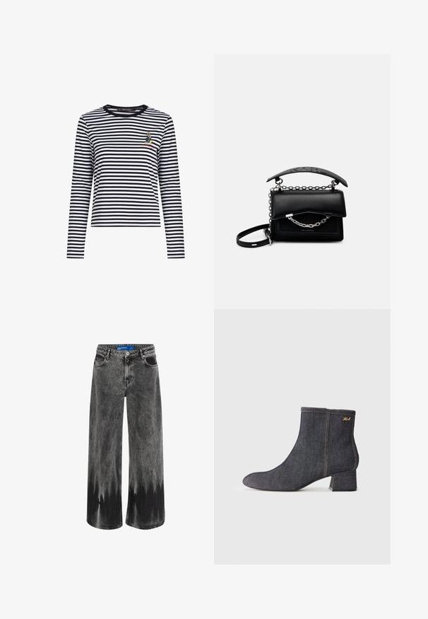 Langärmliges gestreiftes Hemd in Schwarz und Weiß mit rundem Ausschnitt und einer kleinen gestickten Figur auf der Brust. Weicher Stoff.; Weite Jeans aus verblichenem schwarzem Denim, mit einem Dip-Dye-Effekt, Stahlbeschlägen und einem klassischen Fünf-Taschen-Design mit einem Standardbund.; Dunkelblaue Jeans-Stiefelette mit spitzem Zehen, Blockabsatz, sichtbaren Nähten und einem dezenten Markenlogo an der Seite. Glatte Textur.; Schwarze Lederhandtasche mit strukturiertem Design, Ketten- und Henkelakzenten sowie einer strukturierten Oberfläche. Verfügt über einen Klappverschluss mit sichtbarem Branding.