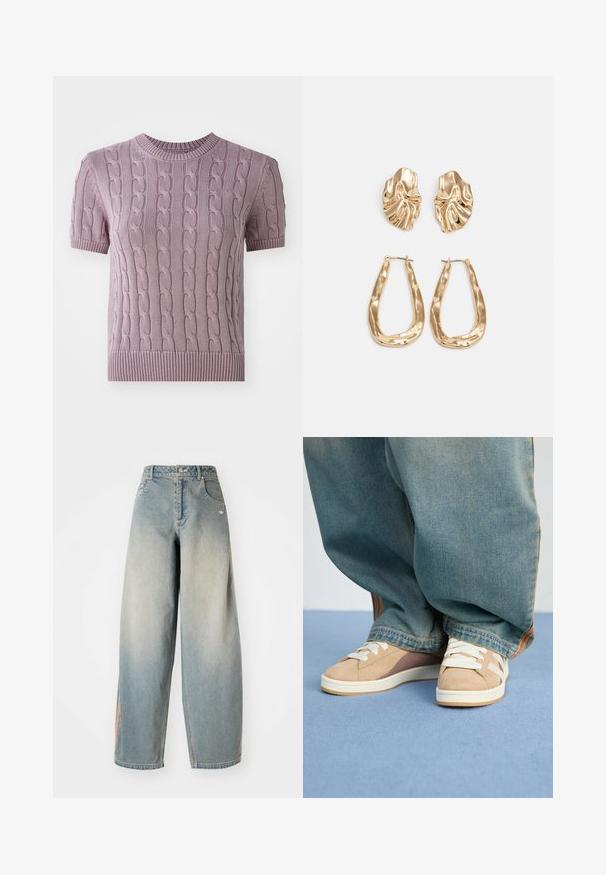 Pulover cu mânecă scurtă, tricotat în model cable, de culoare mov deschis. Prezintă un guler și margine ondulate, cu un model texturat pe întreaga suprafață.; Jeans largi din denim de culoare albastru deschis, cu un finisaj decolorat. Dispune de buzunare frontale, închidere cu buton și un logo subtil pe talie.; Adidași bej din materiale de velur și țesătură, având șireturi albe, accente maro deschis și o talpă texturată. Purtați cu pantaloni lejeri din denim albastru.; Cercei aurii cu forme texturate și ondulate. Include studs sculpturale cu clip și un design de cerc deschis cu un finisaj cioplit.