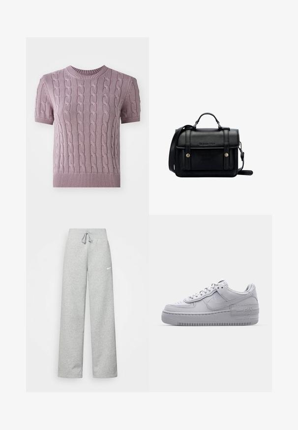 Short-sleeve, cable-knit sweater in light purple. Features a ribbed neckline and hem, with a textured pattern throughout the body.; Gray sweatpants with an elastic waistband, drawstring detail, and a small white Nike logo on the left thigh. Soft fabric, loose fitting.; Gray Nike Air Force 1 sneaker with perforated toe, smooth leather upper, thick sole, and embossed 'AIR' detail on the heel.; Black leather crossbody bag with a structured design, top handle, adjustable strap, front flap, and metal accents. Features branding on the front.