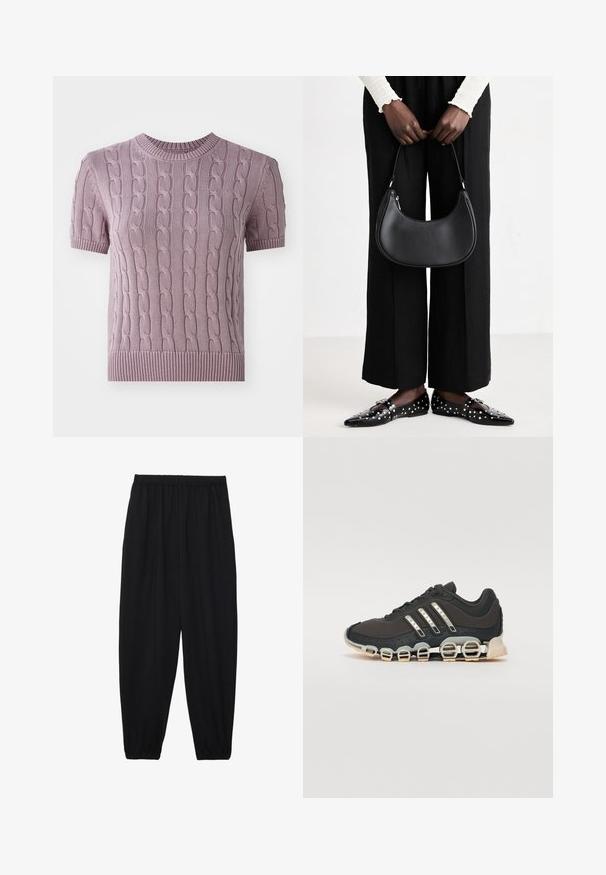 Pulover s kratkimi rokavi iz pletenine v svetlo vijolični barvi. Ima rebrast ovratnik in rob, ter teksturiran vzorec po celotnem telesu.; Črne, lahke hlače z elastičnim pasom in nabranimi gležnji. Tkanina je gladka in ima sproščen, taperiran dizajn.; Črne športne čevlje z teksturiranim zgornjim delom, tremi srebrnimi črtami in značilno blažilno podplatom, ki vključuje več integriranih delov.; Črna usnjena torba za ramo z zaokroženo obliko, sijajno površino in srebrnimi dodatki. Oseba nosi črne široke hlače in loaferje s konicami.