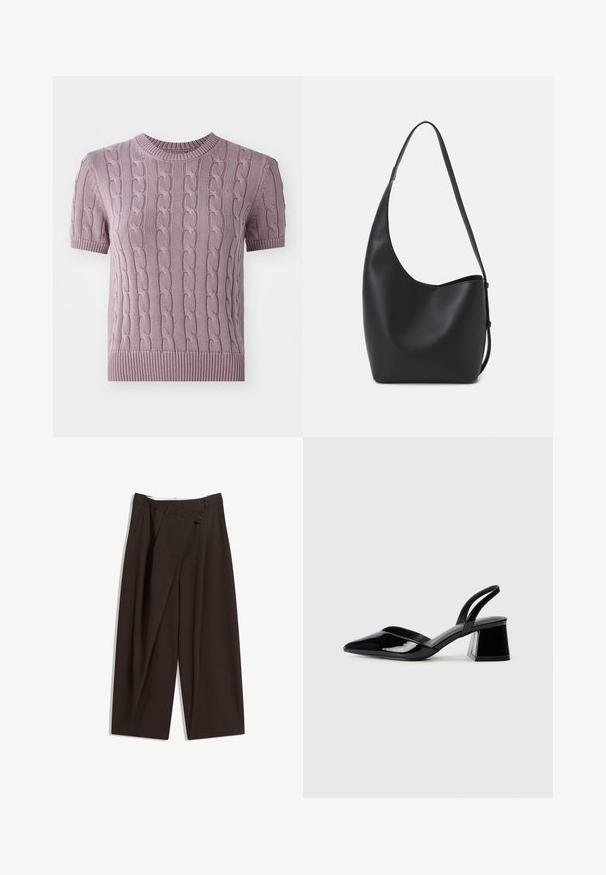 Short-sleeve, cable-knit sweater in light purple. Features a ribbed neckline and hem, with a textured pattern throughout the body.; Dark brown wide-leg trousers with a high waist, featuring a single button closure and a pleated front. Made from lightweight fabric.; Black patent leather slingback heels with a pointed toe and a geometric block heel. Features a sleek, minimal design and smooth texture.; Black leather hobo bag with a smooth texture, curved shape, and single adjustable strap; features a wide opening at the top.