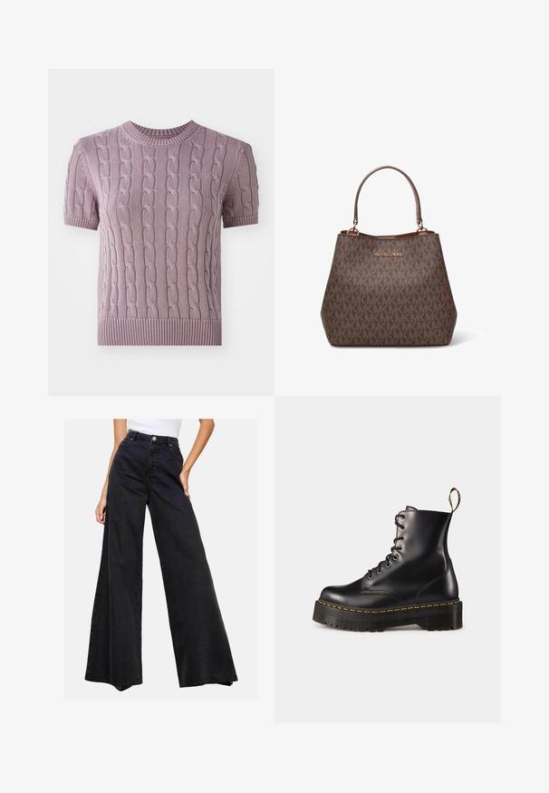Maglione a maniche corte, lavorato a maglia a trecce in viola chiaro. Presenta un collo e un orlo a coste, con un motivo testurizzato su tutta la parte centrale.; Jeans neri a gamba ampia realizzati in denim. Vita alta con chiusura a bottoncino, caratterizzati da un design pulito e senza motivi o accenti prominenti.; Stivali alla caviglia in pelle nera con lacci, dotati di una suola nera spessa e cuciture gialle. Presentano una linguetta sul retro e occhielli metallici circolari.; Borsa a mano in pelle marrone con motivo monogramma texturizzato e logo "MICHAEL KORS" in tono oro. Presenta doppi manici e una forma strutturata.