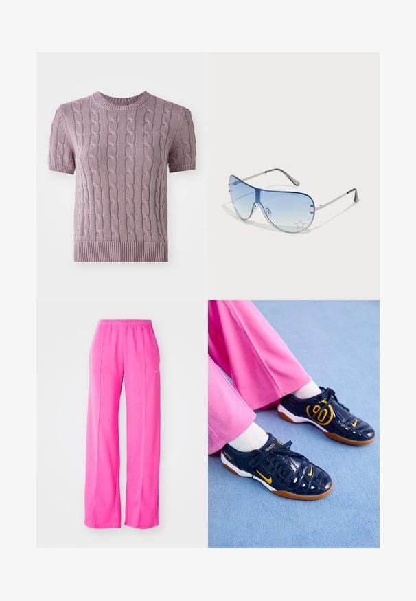 Korte mouwen, kabelgebreide trui in lichtpaars. Heeft een geribbelde halslijn en zoom, met een textuurpatroon over het hele lichaam.; Roze, losvallende, lichtgewicht trainingsbroeken met een elastische tailleband en zijnaad. Heeft een klein logo vlakbij de bovenste linker bovenbeen.; Marine synthetische sneakers met oranje accenten, met een gestructureerde bovenkant, witte zool en zwarte veters. Gepaard met roze wijde broek.; Aviator zonnebril met een gradient blauwe lens, zilveren metalen frame en decoratieve sterrenaccenten op de lens. Glad en strak ontwerp.