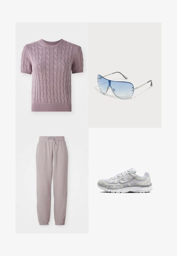Polo s kratkim rukavima od pletene tkanine u svijetlo ljubičastoj boji. Ima rebrastog izrez i rub, s teksturiranim uzorkom kroz cijelo tijelo.; Svijetlucave ljubičaste flis hlače s elastičnim pojasom, kapicom za stezanje, bočnim džepovima i elastičnim manžetama, prikazane ravno na bijeloj pozadini.; Svijetlosive atletske cipele s mrežastim i sintetičkim gornjim dijelom, s vezanjem, podstavljenim ovratnikom i teksturiranim potplatom za bolje prianjanje.; Naočale tipa avijatičar s gradijentnim plavim staklima, okvirom od srebrnog metala i dekorativnim zvjezdastim naglascima na staklima. Glatki i elegantni dizajn.