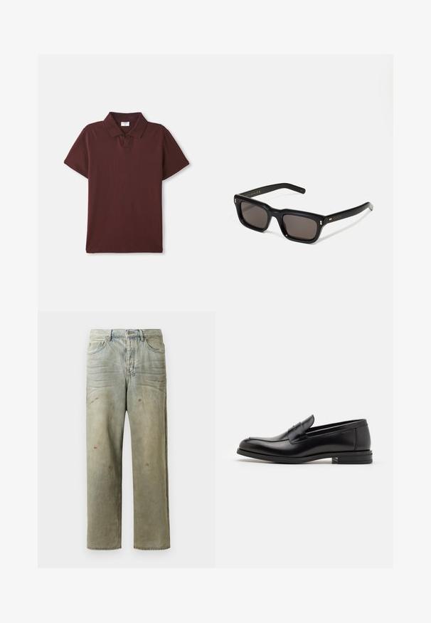 Bordo polo marškiniai, pagaminti iš medvilnės, su klasikiniu apykaklė, trumpomis rankovėmis ir dviem mygtukais priekyje. Sklandus tekstūra, minimalus dizainas.; Šviesiai žaliai nuvarytos džinsinės kelnes, su tiesiomis kojomis, penkių kišenių dizainu, nelygiai blukščiantis ir su dažų lašeliais.; Juodos odinės loafers, turinčios lygų paviršių, apvalią noselę ir dekoratyvinę juostą per priekinę dalį. Žemas krentantis kulnas, minimalistinis dizainas.; Juodos stačiakampės akinių nuo saulės su tamsiais objektyvais, storu plastiko rėmu, auksinėmis detalėmis ant šventyklų ir prekės ženklo logotipu išgraviruotu ant šono.